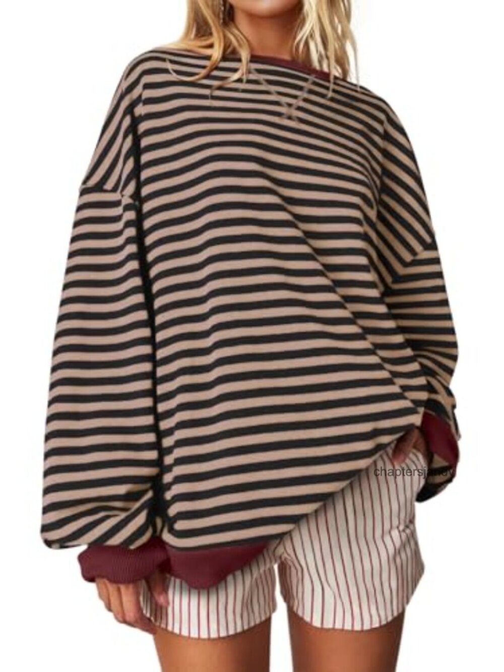 Oversized Striped Crewneck Sweatshirt Cotton Blend Pullover Long Sleeve